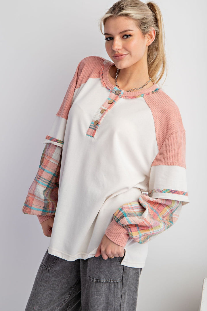 Easel Plaid Long Sleeve Layered Henley Mineral Washed Knit Top