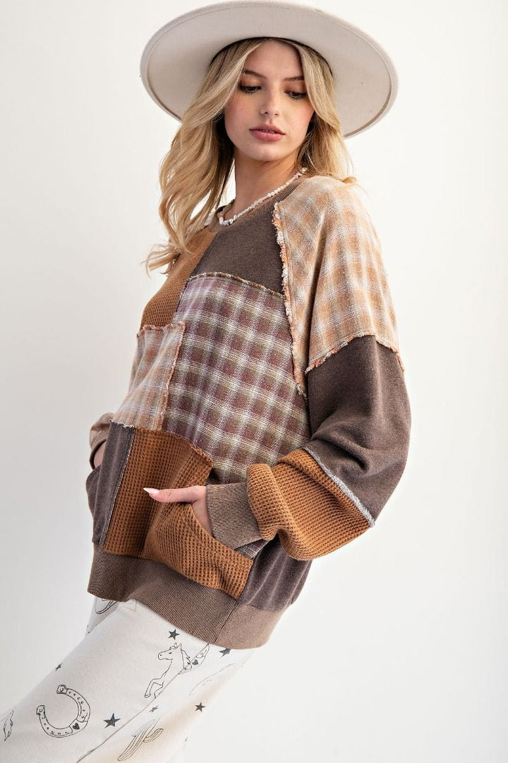 Easel Plaid Mix Patchwork Mineral Washed Crewneck Pullover