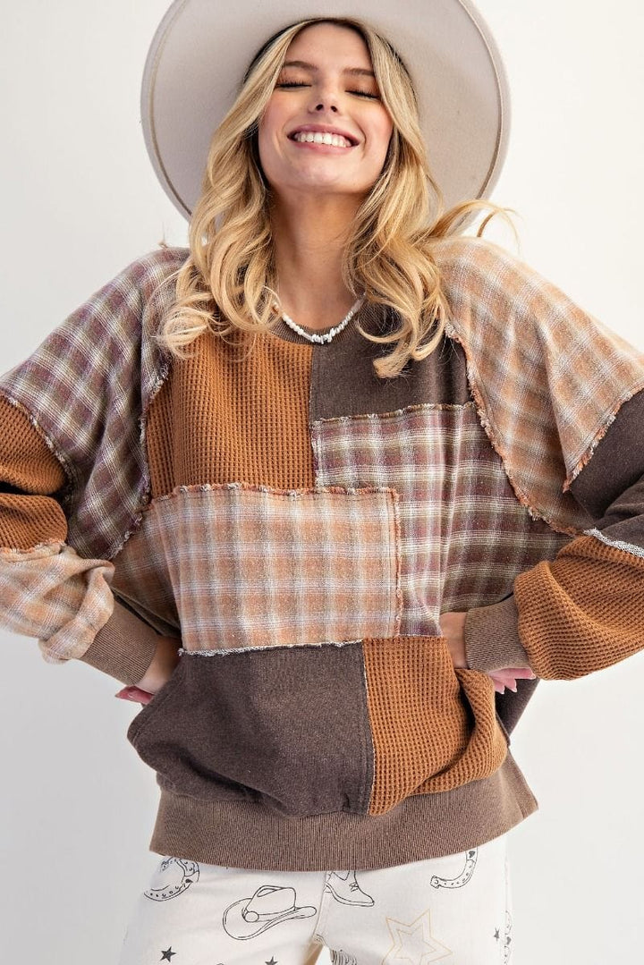 Easel Plaid Mix Patchwork Mineral Washed Crewneck Pullover