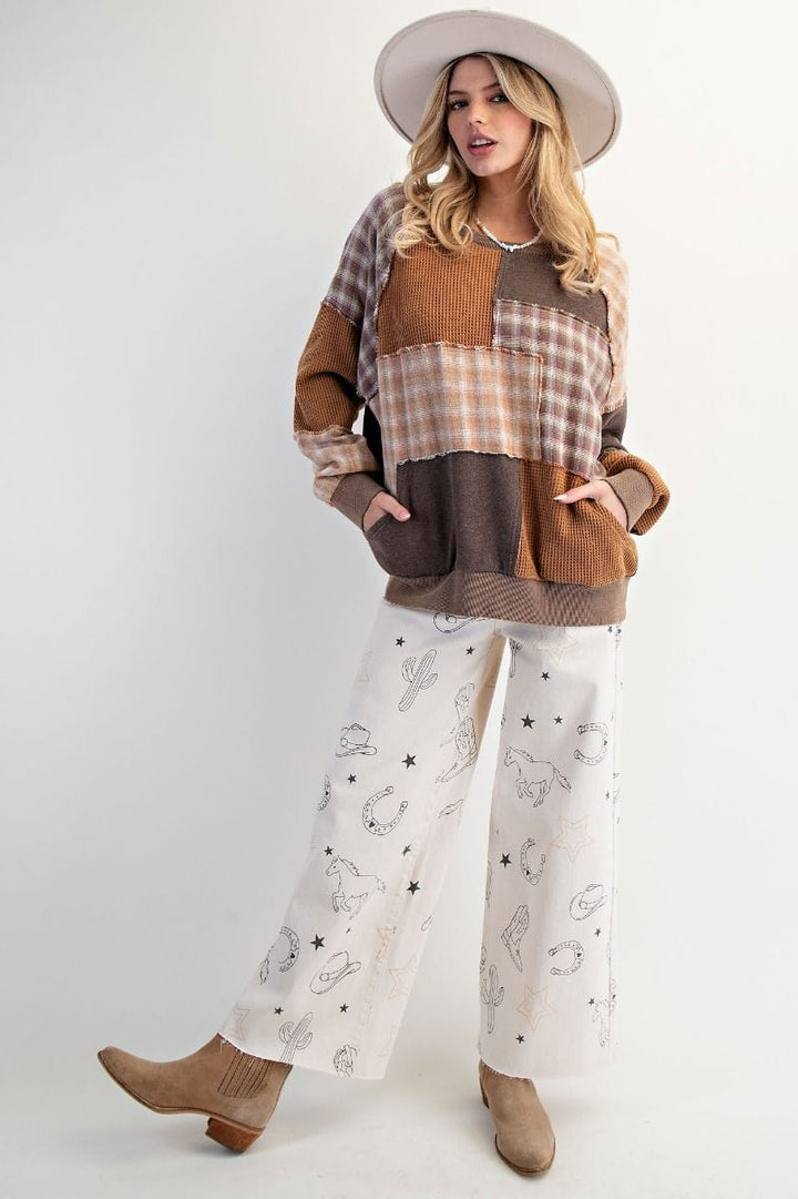 Easel Plaid Mix Patchwork Mineral Washed Crewneck Pullover