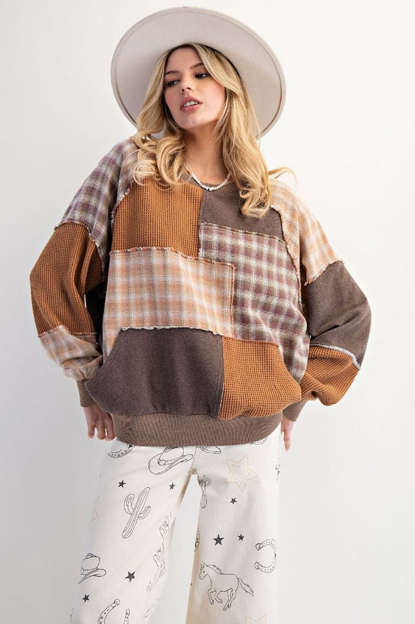 Easel Plaid Mix Patchwork Mineral Washed Crewneck Pullover