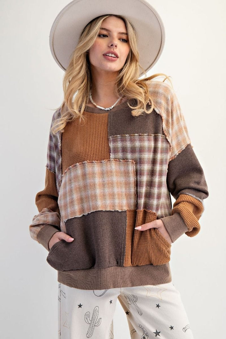 Easel Plaid Mix Patchwork Mineral Washed Crewneck Pullover