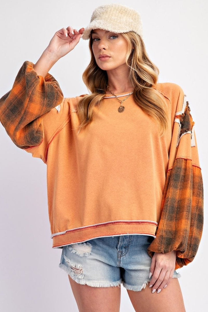 Easel Plaid Mix Raw Seam Star Patch Loose Fit Pullover