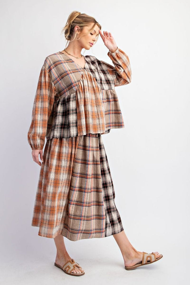 Easel Plaid Mix V-Neck Long Sleeve Babydoll Top