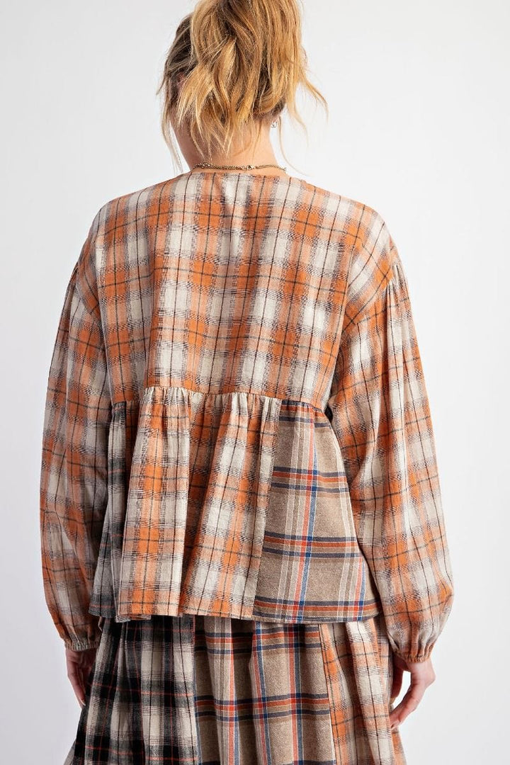 Easel Plaid Mix V-Neck Long Sleeve Babydoll Top