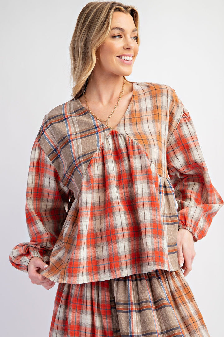 Easel Plaid Mix V-Neck Long Sleeve Babydoll Top