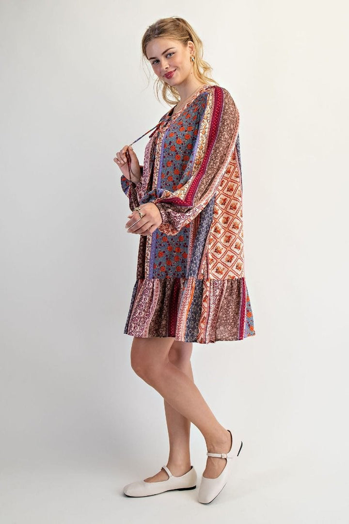 Easel Printed Gauze Ruffle Bottom Long Sleeve Self Tie Neckline Dress