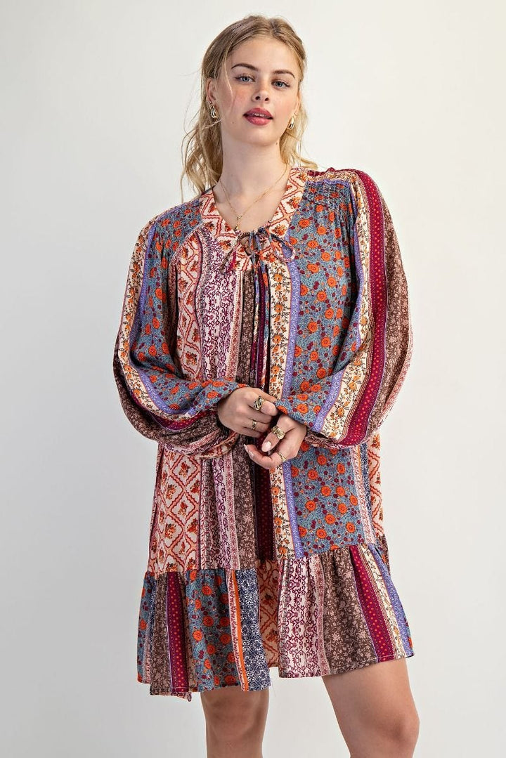 Easel Printed Gauze Ruffle Bottom Long Sleeve Self Tie Neckline Dress