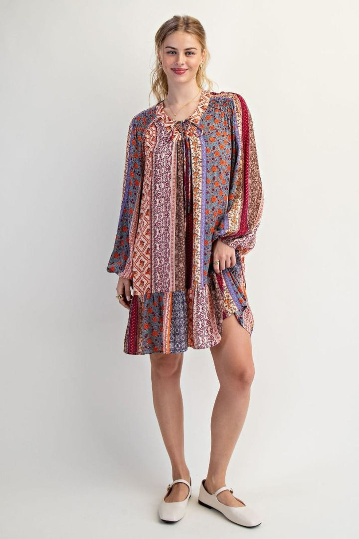 Easel Printed Gauze Ruffle Bottom Long Sleeve Self Tie Neckline Dress