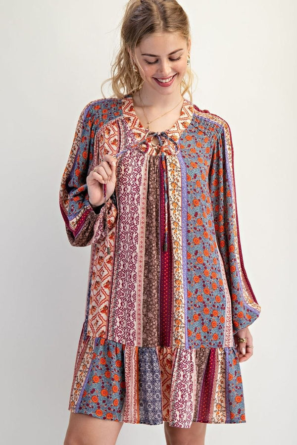 Easel Printed Gauze Ruffle Bottom Long Sleeve Self Tie Neckline Dress