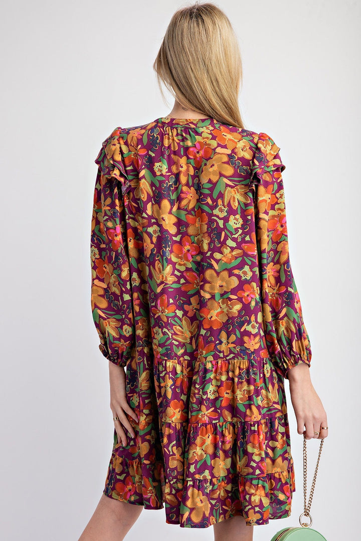 Easel Printed Long Flutter Sleeve Button Down Tiered Challis Woven Dress