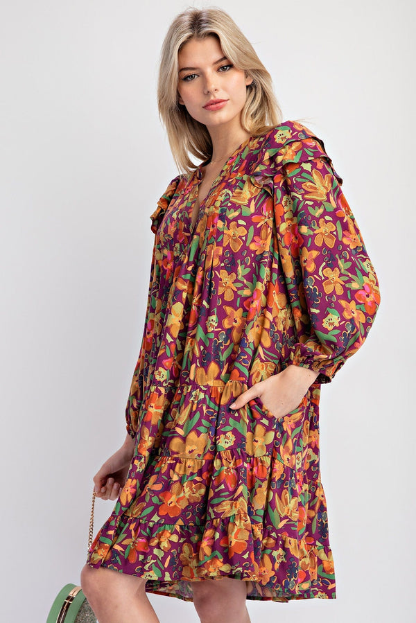 Easel Printed Long Flutter Sleeve Button Down Tiered Challis Woven Dress