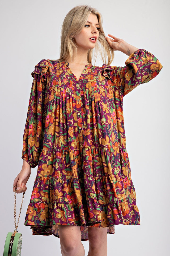 Easel Printed Long Flutter Sleeve Button Down Tiered Challis Woven Dress