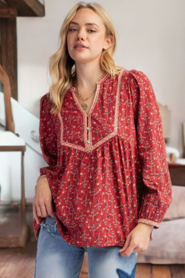 Easel Printed Voile Boho Tapered Babydoll Tunic