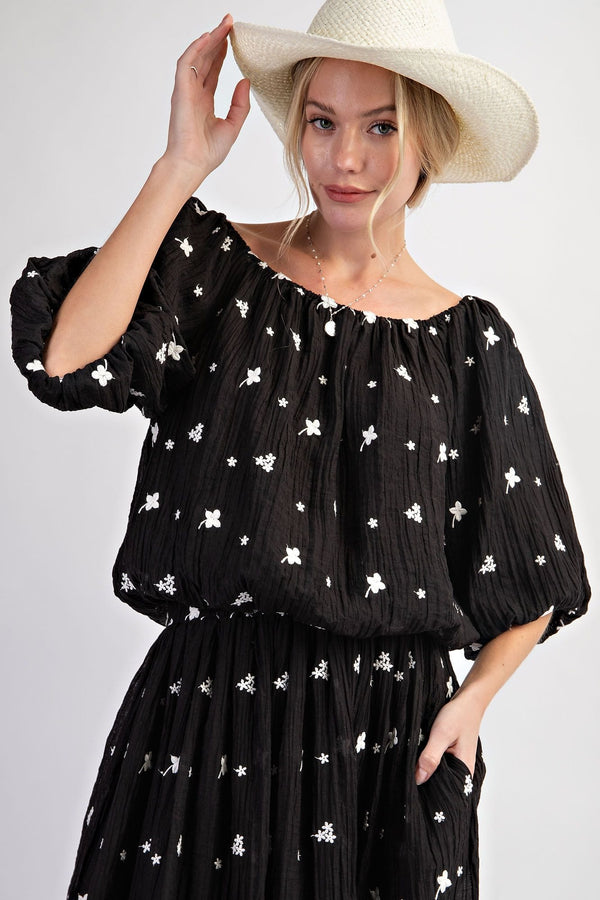 Easel Puff Sleeve Embroidery Poly Crepe Woven Top