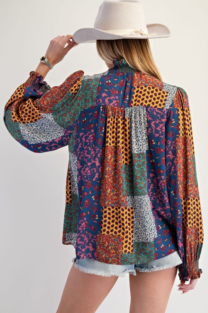 Easel Ruffle Hemline Patchwork Print Design Blouse Top