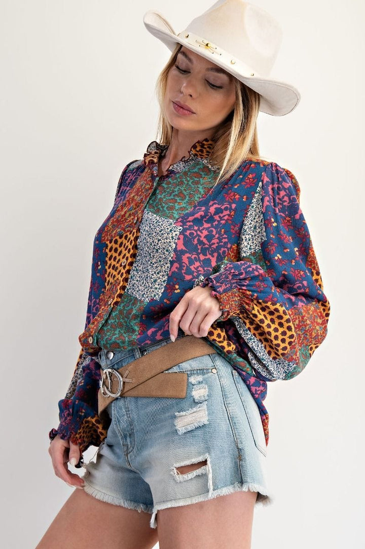 Easel Ruffle Hemline Patchwork Print Design Blouse Top