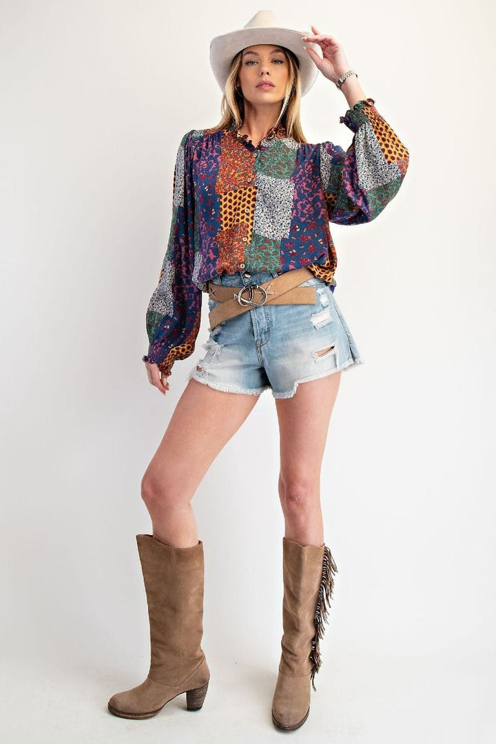 Easel Ruffle Hemline Patchwork Print Design Blouse Top