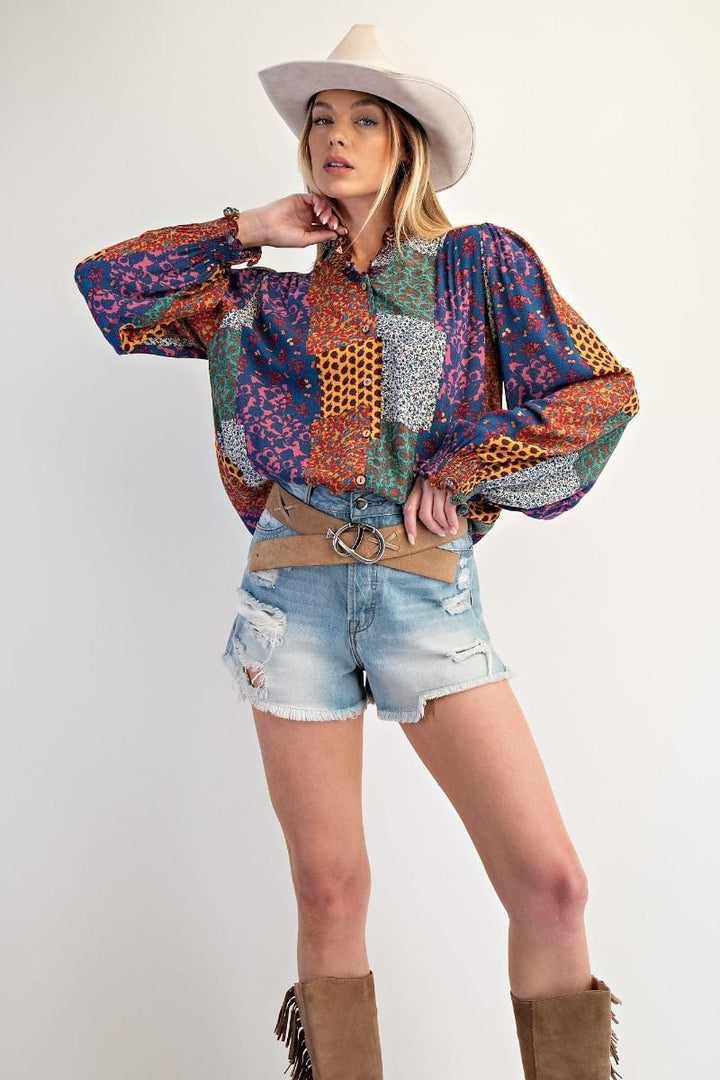Easel Ruffle Hemline Patchwork Print Design Blouse Top