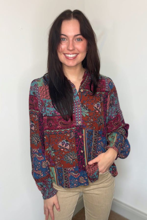 Easel Ruffle Hemline Patchwork Print Design Blouse Top