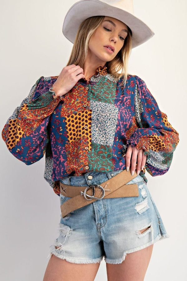 Easel Ruffle Hemline Patchwork Print Design Blouse Top