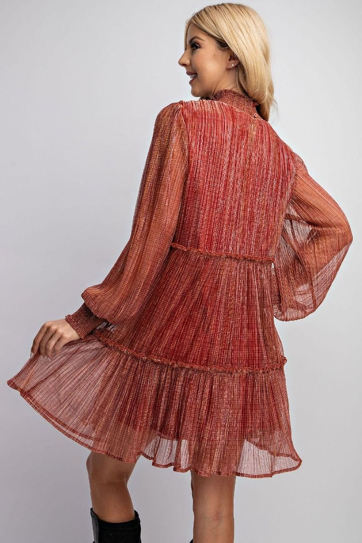 Easel Sheer Tiered Dress with Crosshatch Design