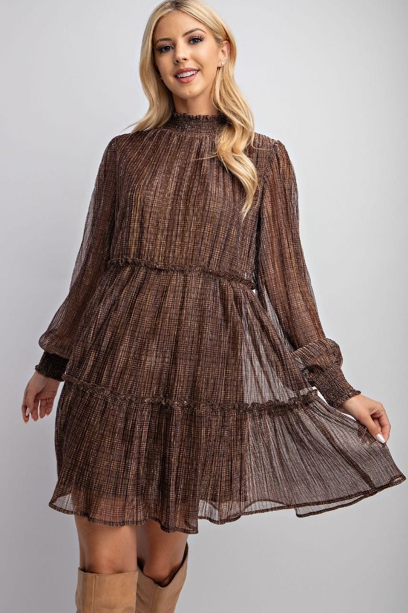 Easel Sheer Tiered Dress with Crosshatch Design