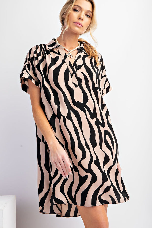 Easel Short Sleeve Abstract Printed Wool Peach Shirt Dress