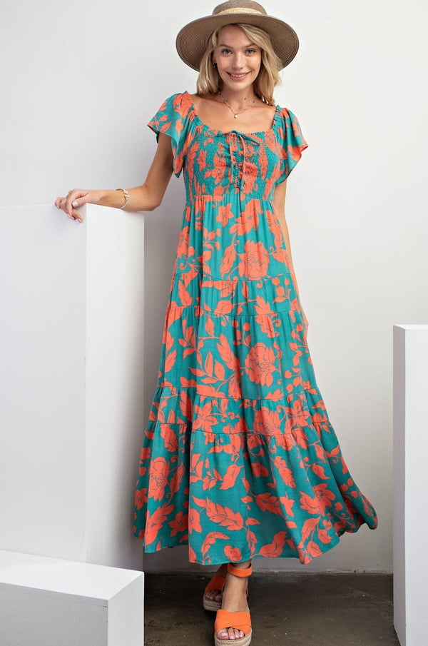 Easel Short Sleeve Printed Woven Maxi Dress