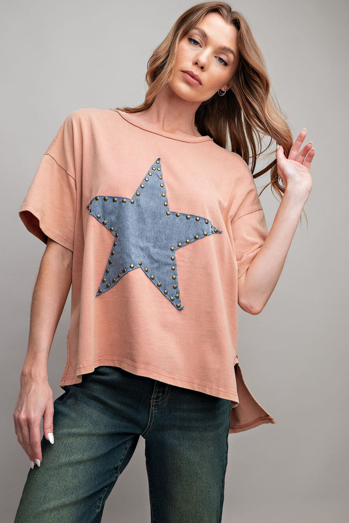 Easel Short Sleeve Star Patch Attached Mineral Washed Loose Fit Knit Top