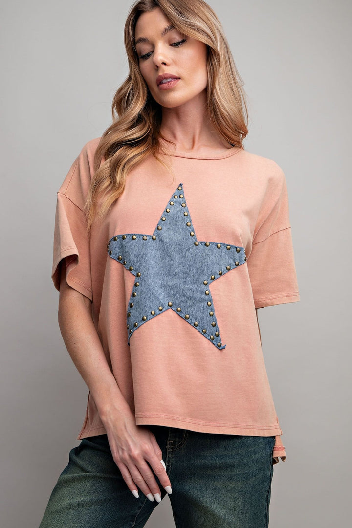 Easel Short Sleeve Star Patch Attached Mineral Washed Loose Fit Knit Top