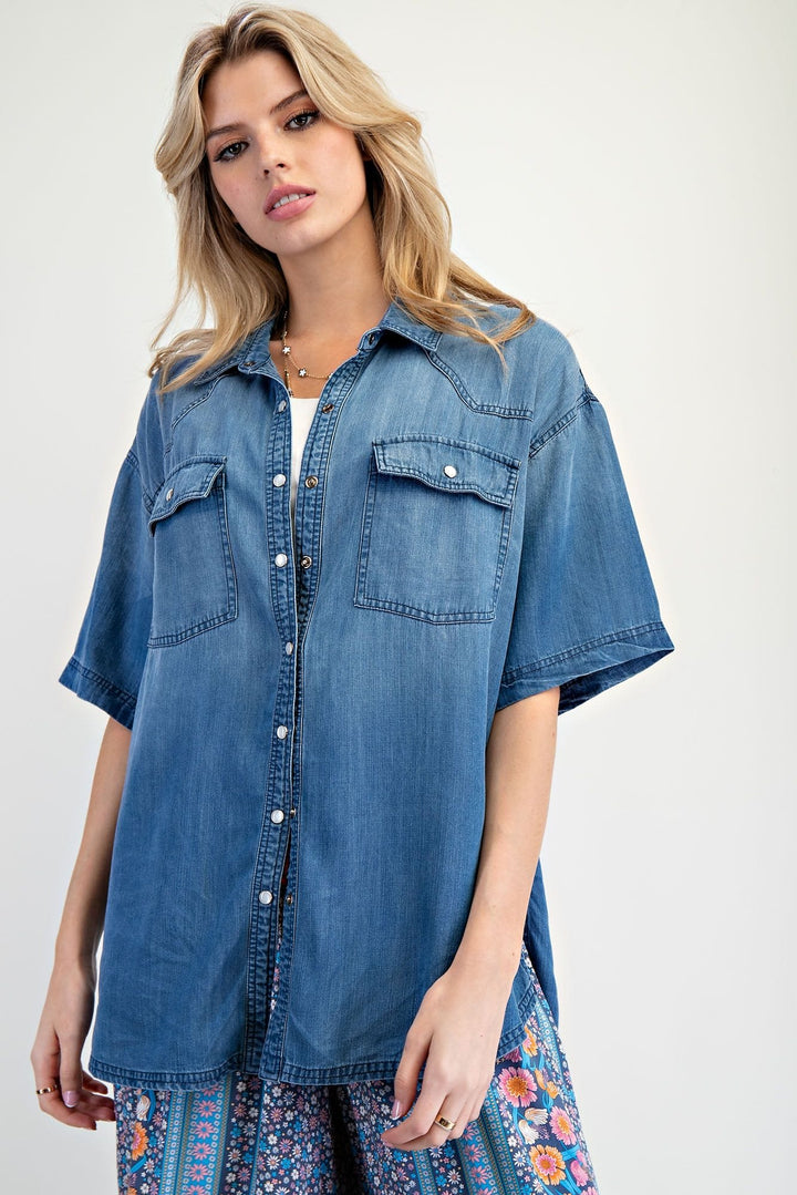 Easel Short Sleeve Washed Denim Snap Button Down Shirt