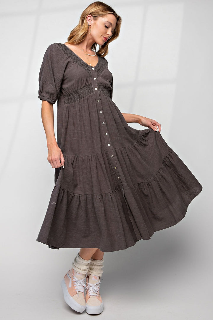 Easel Short Sleeved Tiered Linen Dress