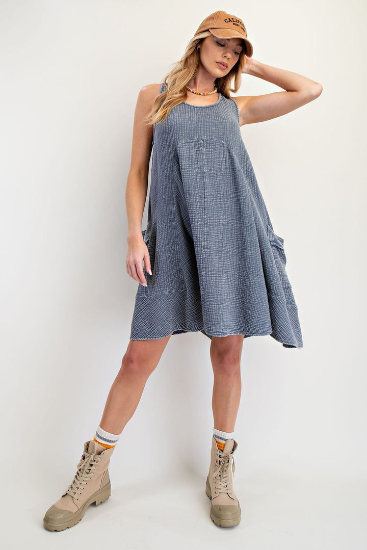 Easel Sleeveless Cotton Gauze Mineral Washed Dress with Side Pockets