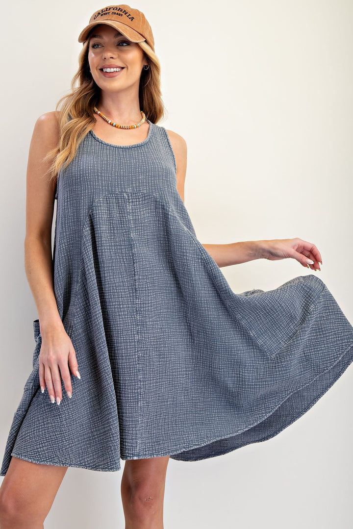 Easel Sleeveless Cotton Gauze Mineral Washed Dress with Side Pockets