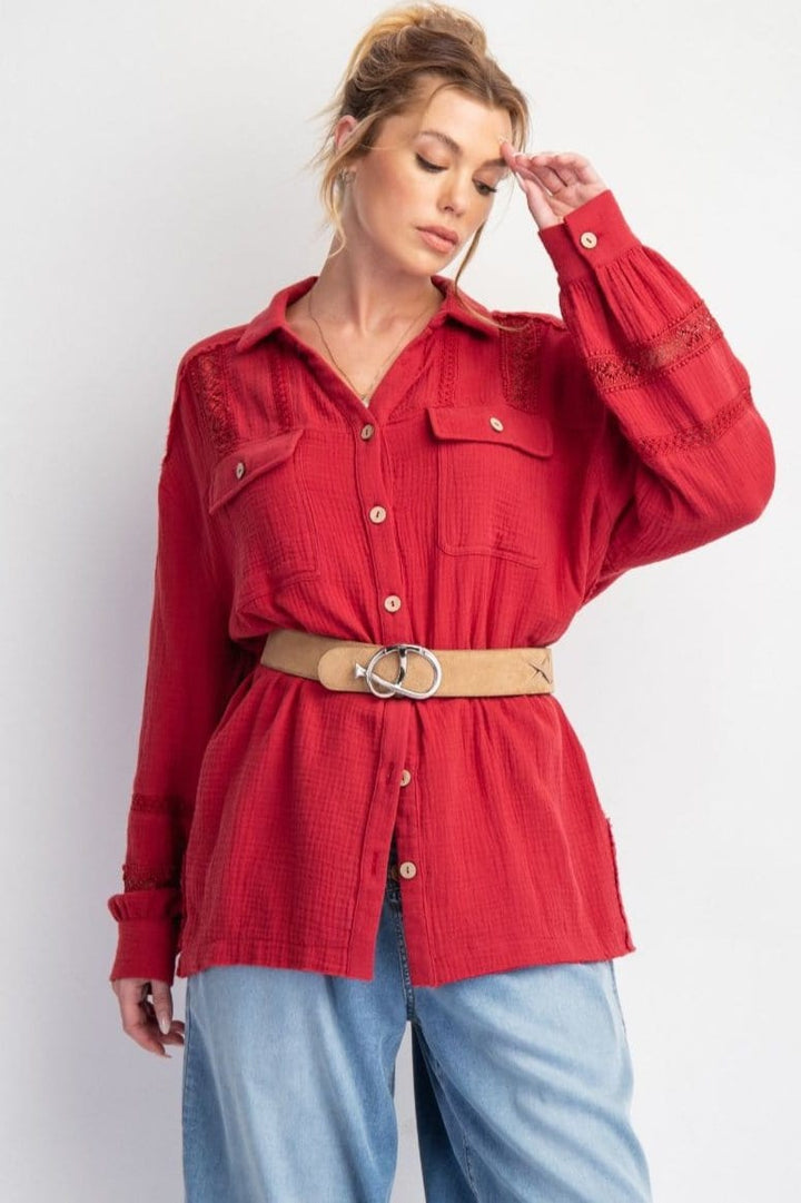 Easel Soft Washed Cotton Gauze Button Down Top