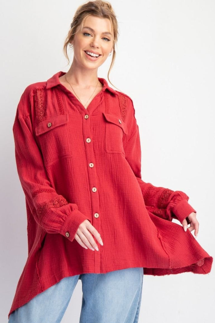 Easel Soft Washed Cotton Gauze Button Down Top