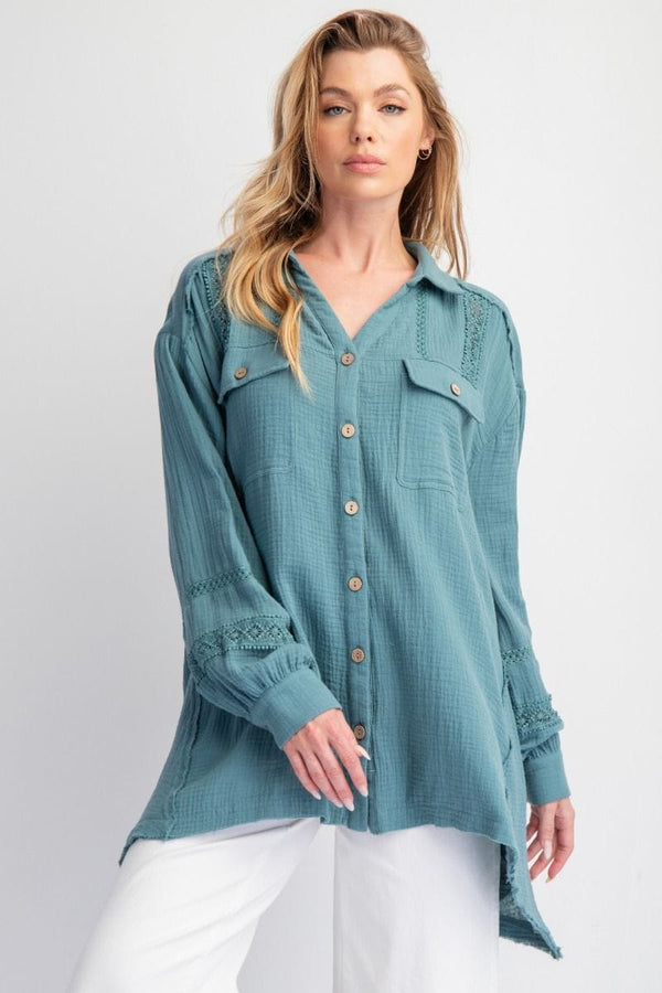 Easel Soft Washed Cotton Gauze Button Down Top