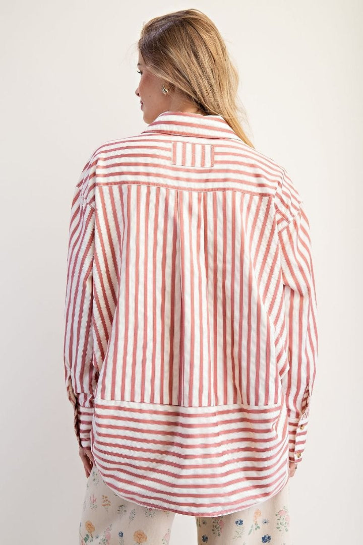 Easel Striped Collared Button Down Woven Shirt