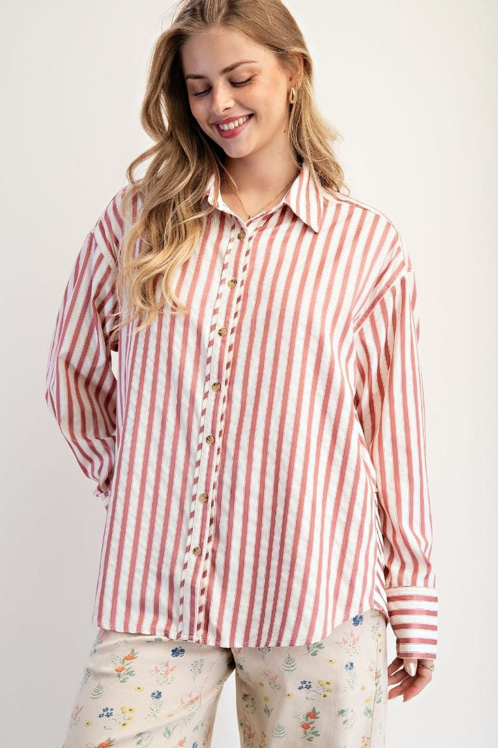 Easel Striped Collared Button Down Woven Shirt