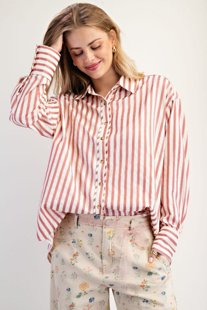 Easel Striped Collared Button Down Woven Shirt