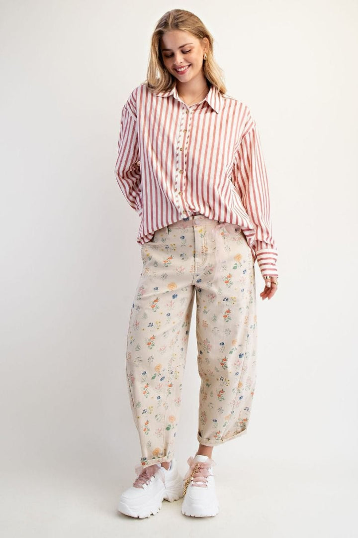Easel Striped Collared Button Down Woven Shirt
