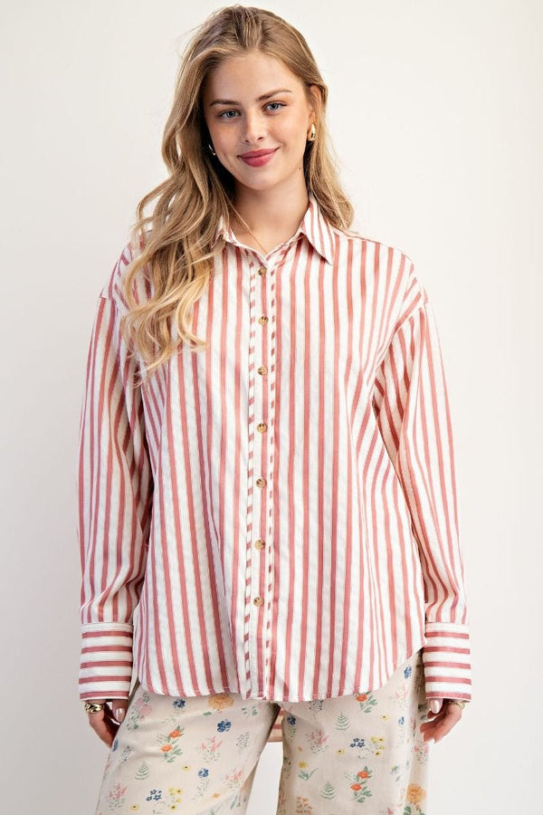 Easel Striped Collared Button Down Woven Shirt