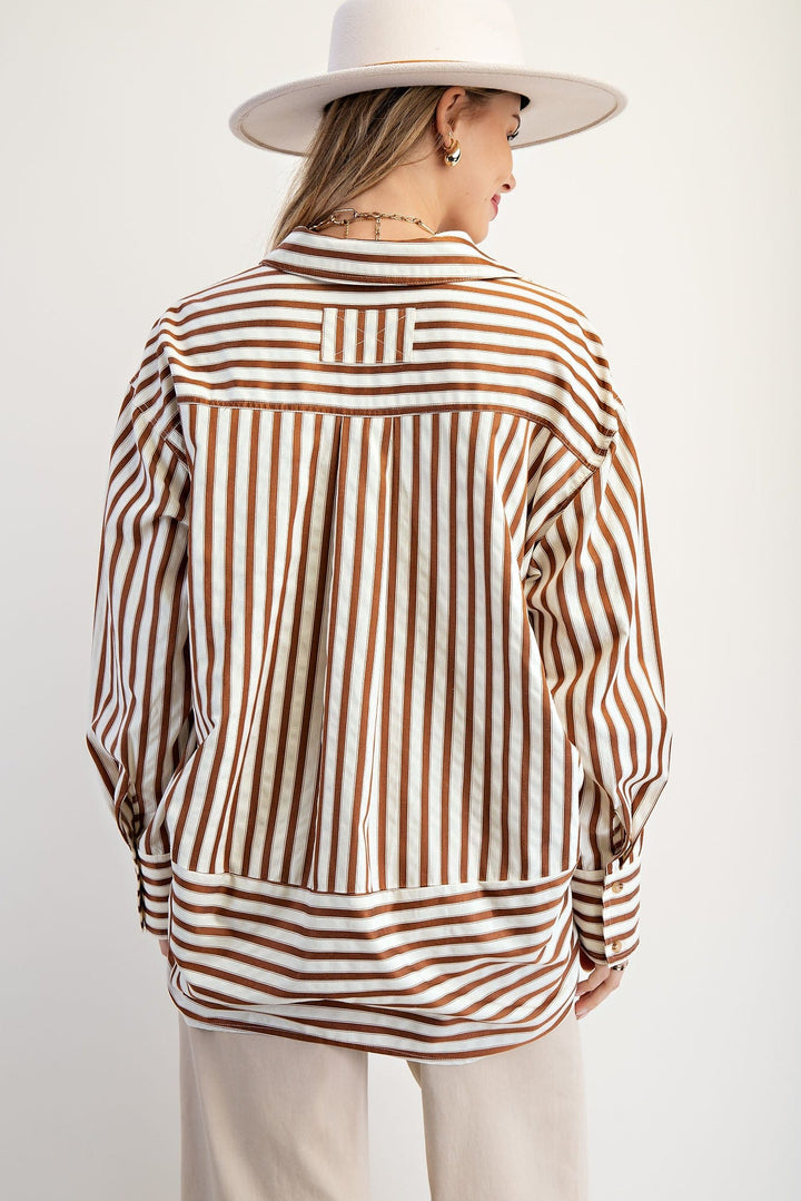 Easel Striped Collared Button Down Woven Shirt
