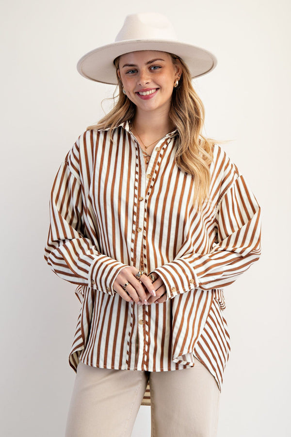 Easel Striped Collared Button Down Woven Shirt