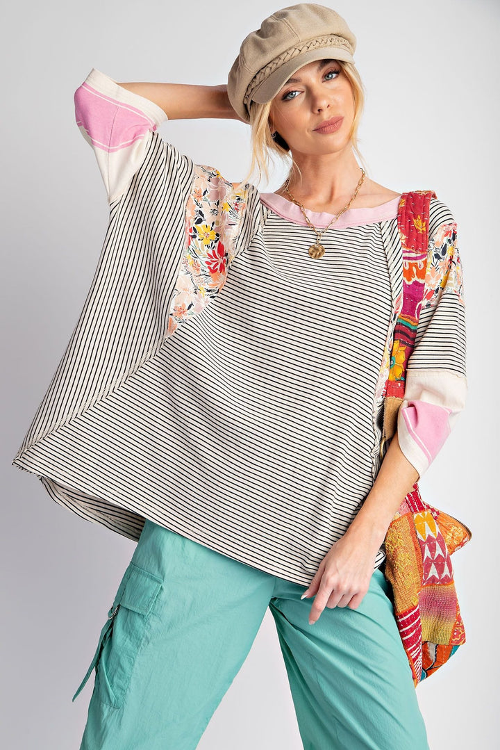 Easel Striped Mix Print Sleeves Mineral Washed Knit Top