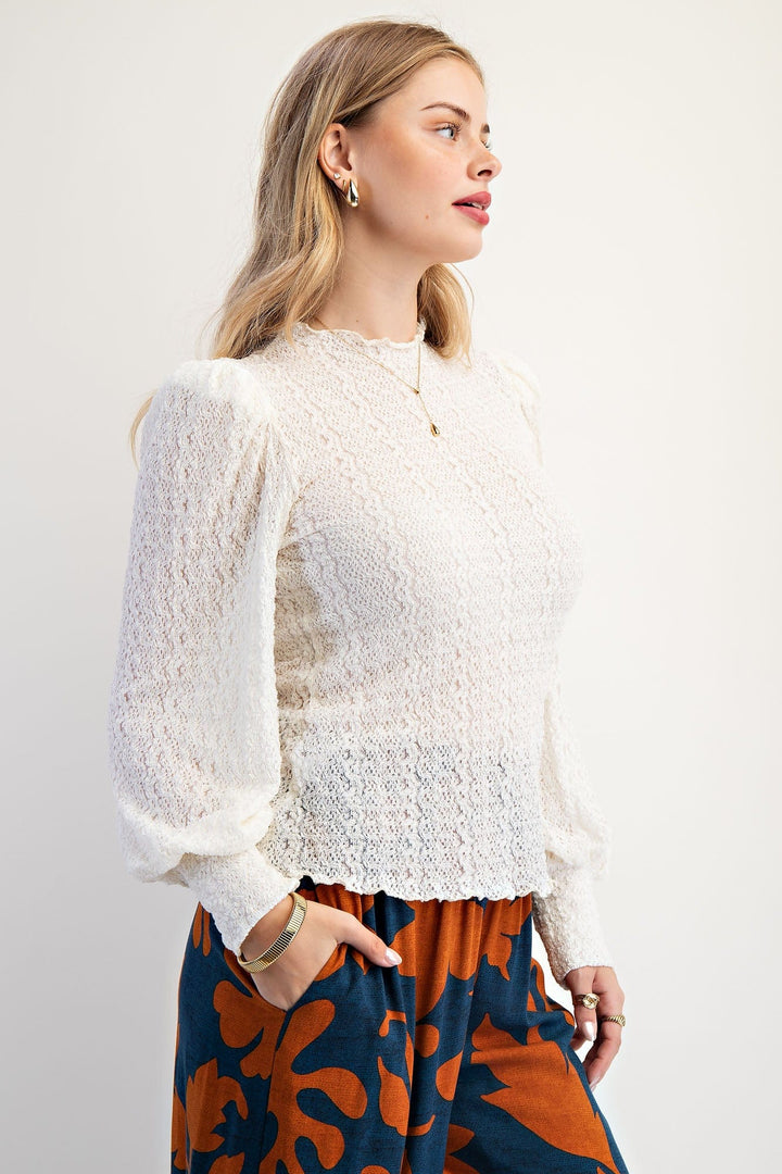 Easel Textured Lace Fitted Bodice top with Puff Shoulders and Scalloped Hemlines