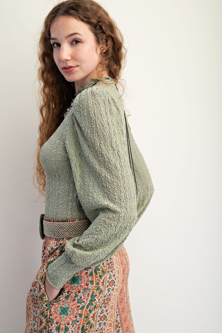 Easel Textured Lace Fitted Bodice top with Puff Shoulders and Scalloped Hemlines