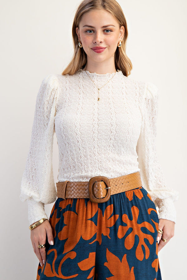 Easel Textured Lace Fitted Bodice top with Puff Shoulders and Scalloped Hemlines