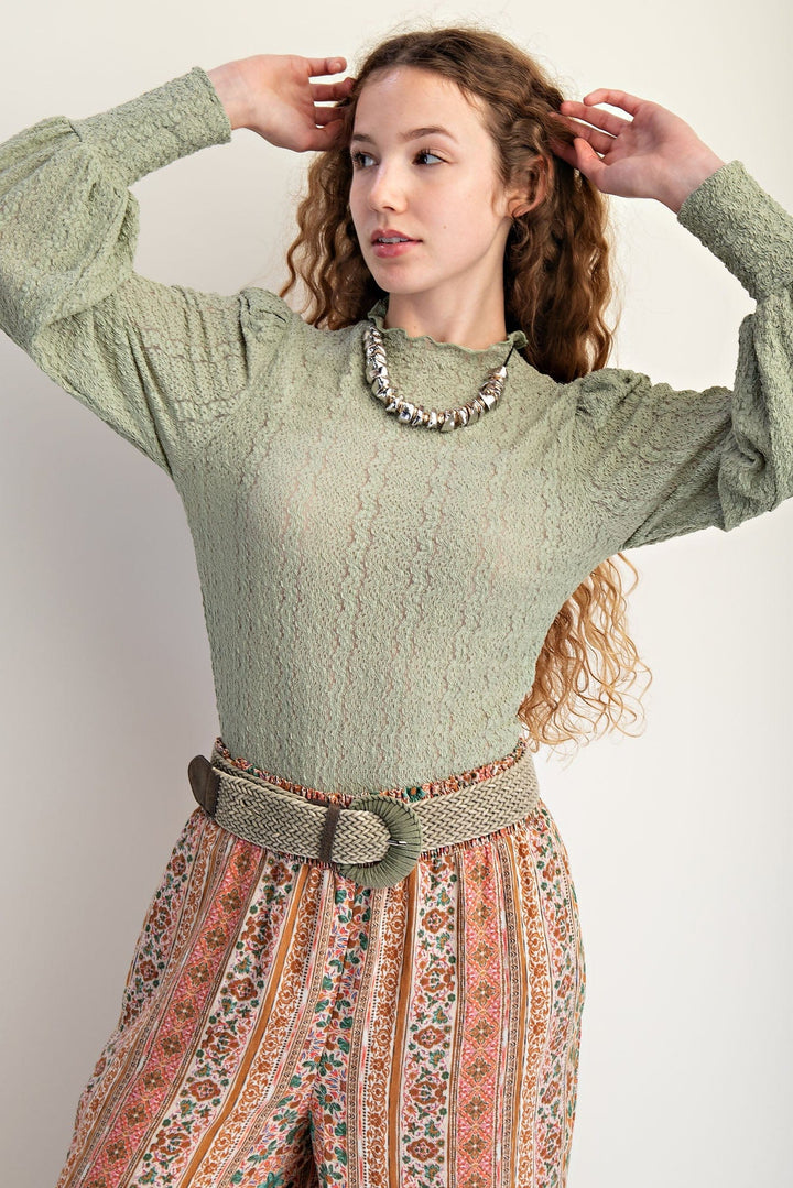 Easel Textured Lace Fitted Bodice top with Puff Shoulders and Scalloped Hemlines